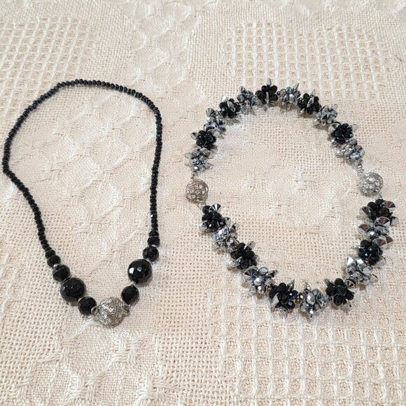 Vintage Black Silver Crystal Bead 3 Piece Convertible Statement Runway Necklace - Picture 15 of 17
